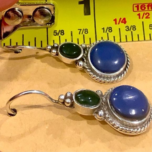 Vintage Green Agate Blue Lapis Lazuli Sterling Silver Drop Dangle Earrings - Picture 5 of 6